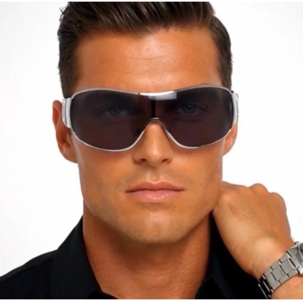 Men Shield Sunglasses Silver Black Wrap Around UV400 Hip Hop Gangster Streetwear